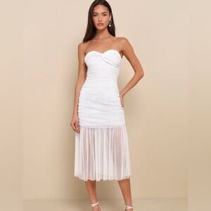 Lulus Sparkling Babe White Mesh Rhinestone Ruched Strapless Midi Dress SZ M NWT
